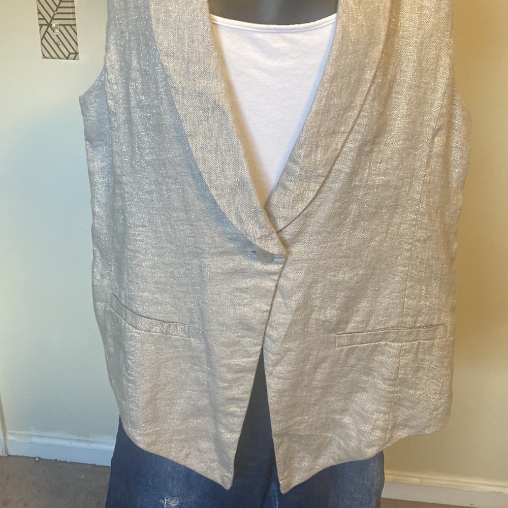 EILEEN FISHER GRAY TWINKLE LINEN WOVEN SHAWL COLLAR VEST - Picture 3 of 12
